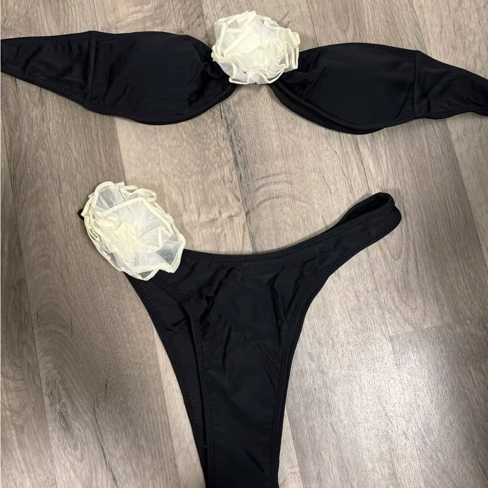 Black Bikini with white Floral Accents